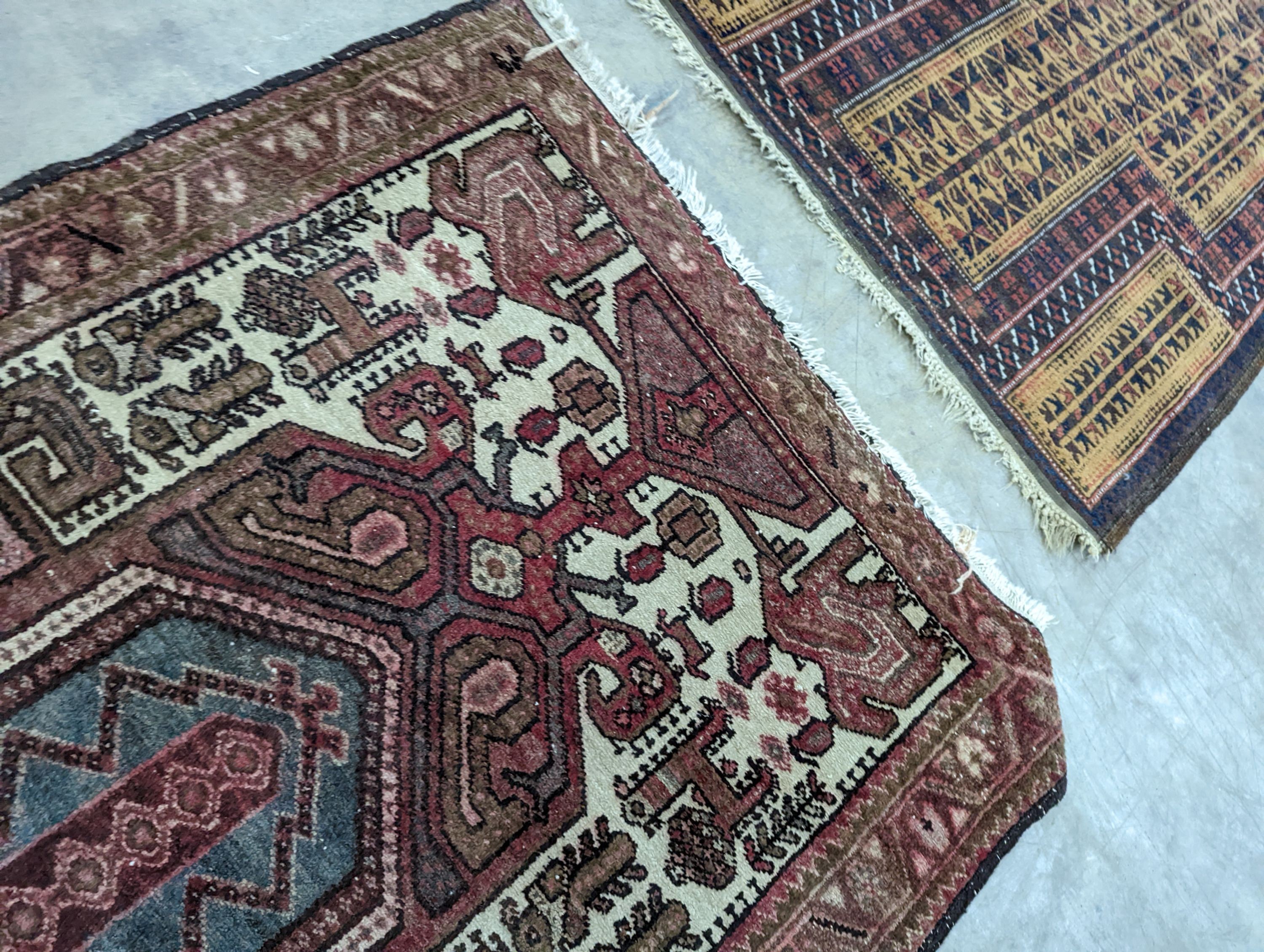 A Belouch geometric prayer rug and two Caucasian design rugs, largest 152 x 104cm